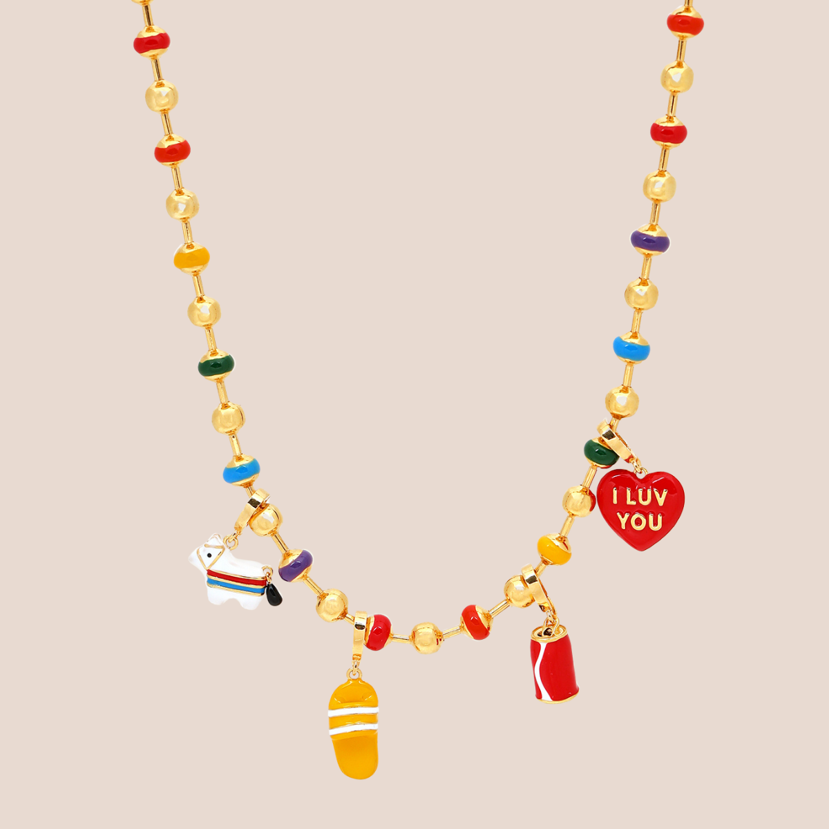 audacious necklace in rainbow, product image with charms